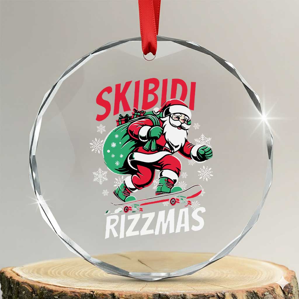 Funny Santa Rizz Xmas Crystal Glass Ornament Retro Skibidi Rizzmas Claus Skating Board Xmas TS02 Transparent Glass 3'' Circle Print Your Wear