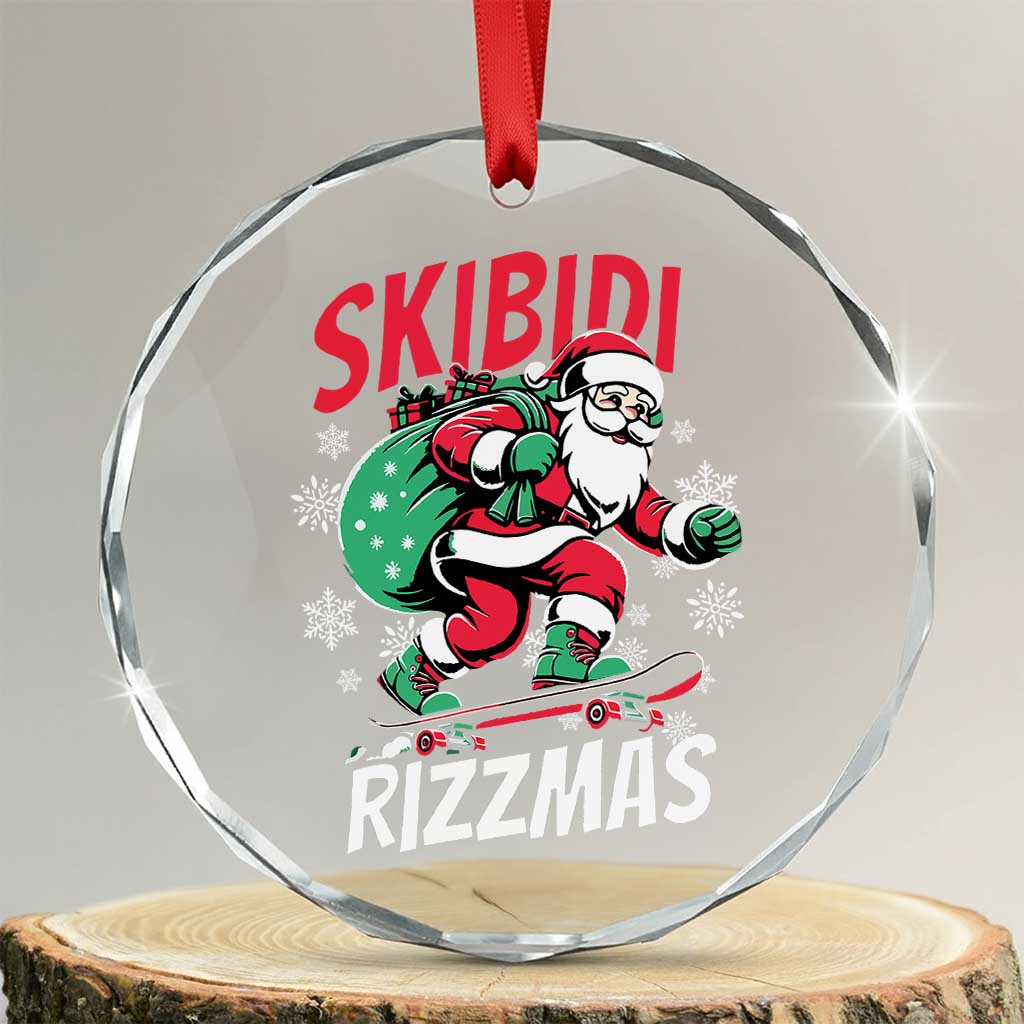 Funny Santa Rizz Xmas Crystal Glass Ornament Retro Skibidi Rizzmas Claus Skating Board Xmas TS02 Transparent Glass 3'' Circle Print Your Wear