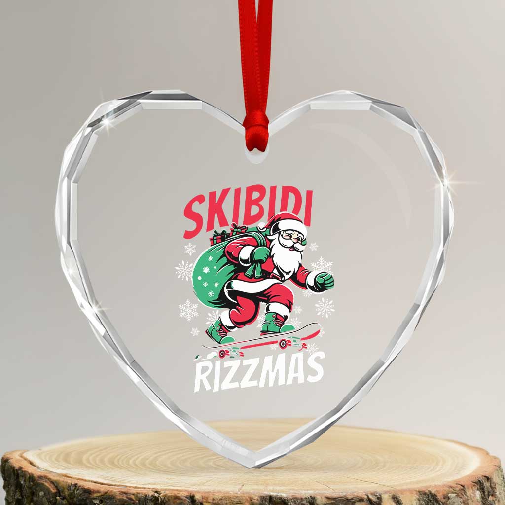 Funny Santa Rizz Xmas Heart Crystal Glass Ornament Retro Skibidi Rizzmas Claus Skating Board Xmas TS02 Transparent Glass 3'' Heart Print Your Wear