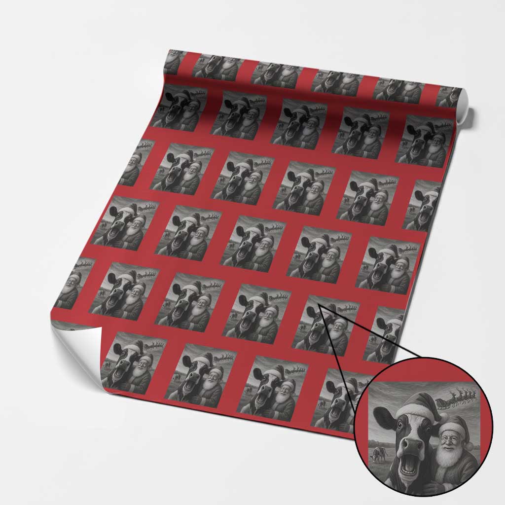 Funny Santa Selfie with Cow Xmas Wrapping Paper Roll TS14 Red Print Your Wear