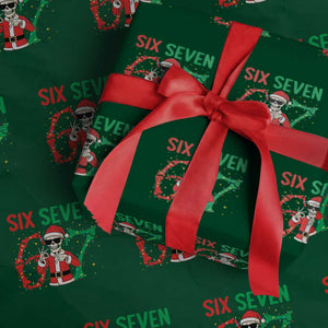 Funny Santa Skeleton Says Six Seven Wrapping Paper Roll Christmas Meme Gift TS12 Green Print Your Wear