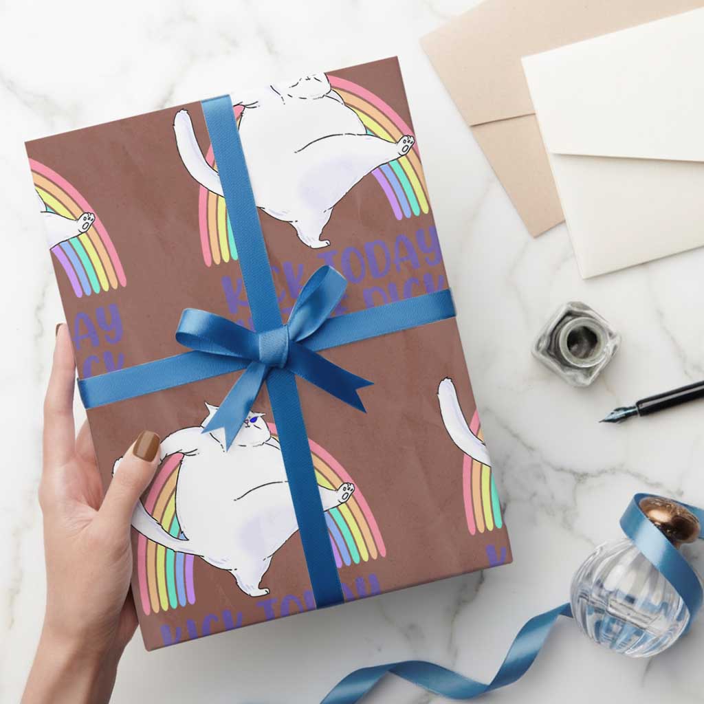Funny Sarcastic Cat Wrapping Paper Roll Kick Today In The Dick Pastel Rainbow TS02 Mocha Print Your Wear