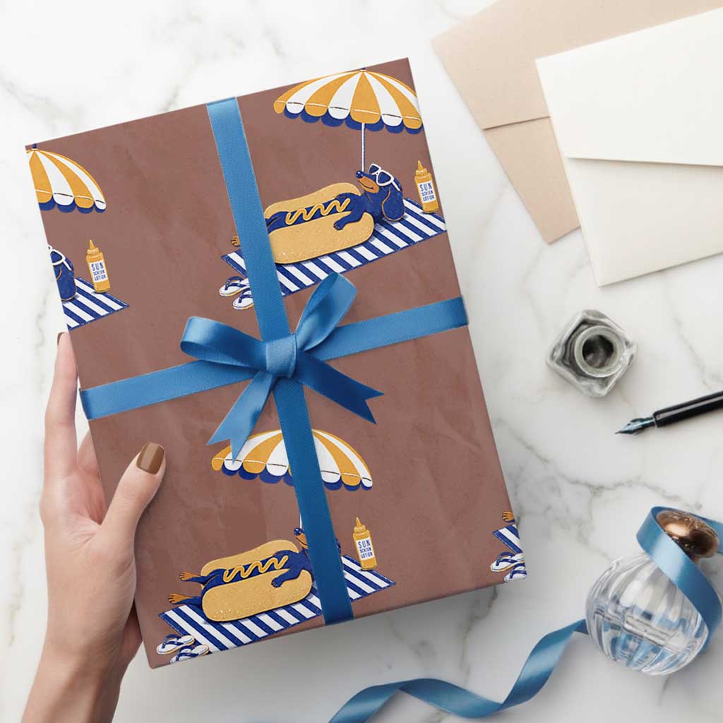 Funny Sausage Dog Wrapping Paper Roll Retro Summer Hot Dog Graphic Dachshund Dog Lover Gift