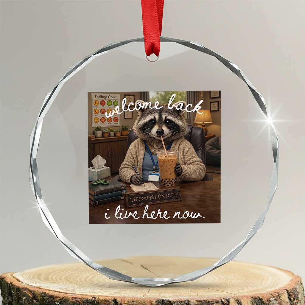 Funny School Therapist Raccoon Drinking Iced Coffee Crystal Glass Ornament TS14 Transparent Glass 3'' Circle Print Your Wear