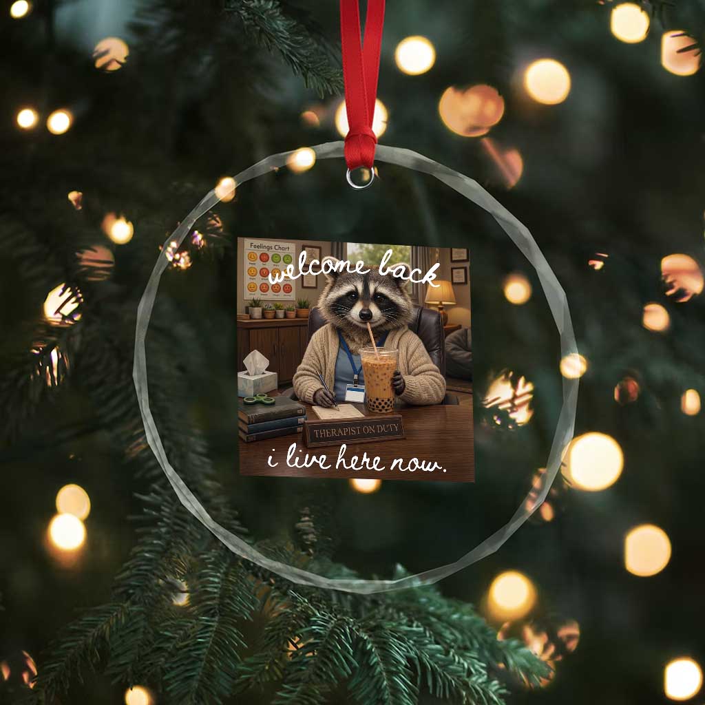 Funny School Therapist Raccoon Drinking Iced Coffee Crystal Glass Ornament TS14 Print Your Wear