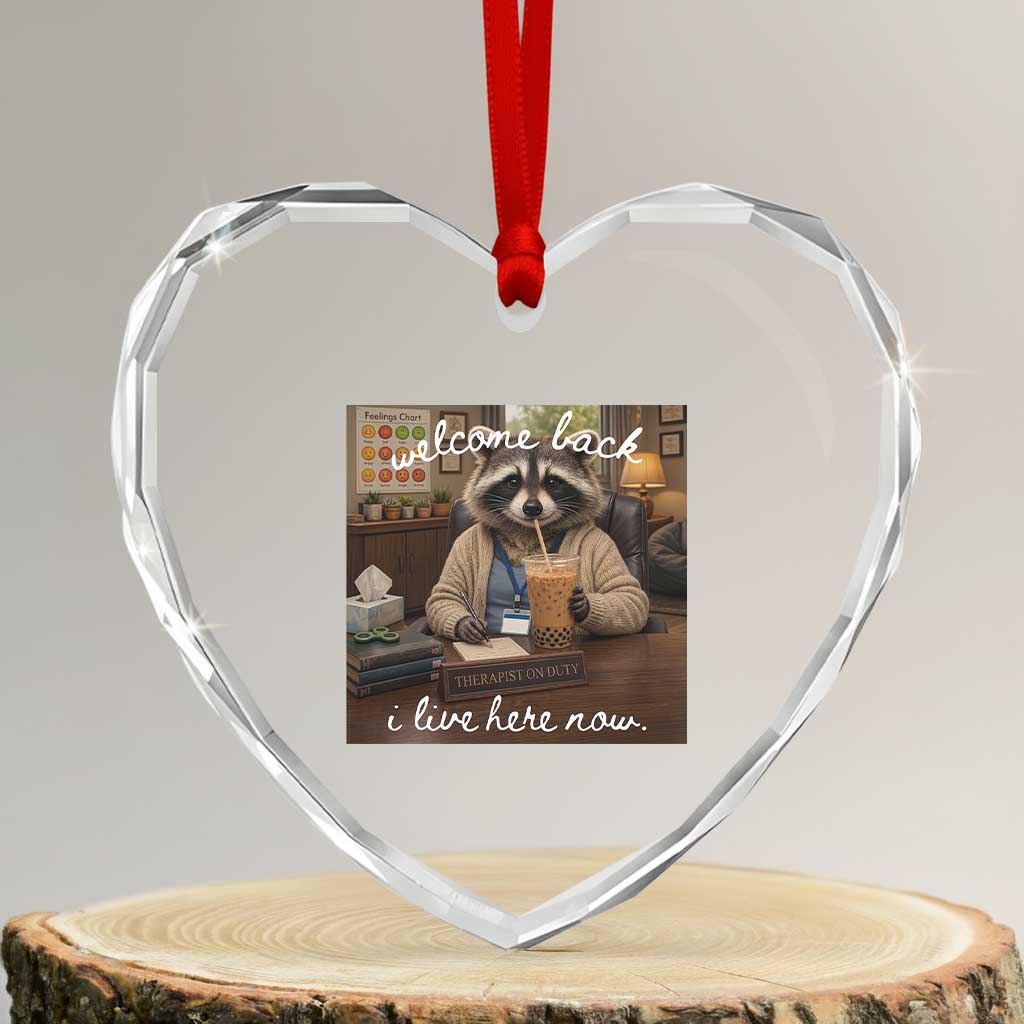 Funny School Therapist Raccoon Drinking Iced Coffee Heart Crystal Glass Ornament TS14 Transparent Glass 3'' Heart Print Your Wear