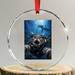 Funny Scuba Diving Cat Selfie With Hammerhead Shark Crystal Glass Ornament