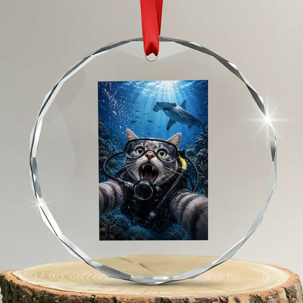 Funny Scuba Diving Cat Selfie With Hammerhead Shark Crystal Glass Ornament TS12 Transparent Glass 3'' Circle Print Your Wear