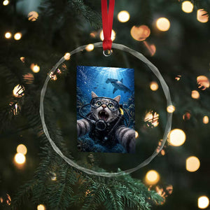 Funny Scuba Diving Cat Selfie With Hammerhead Shark Crystal Glass Ornament
