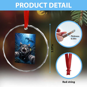 Funny Scuba Diving Cat Selfie With Hammerhead Shark Crystal Glass Ornament