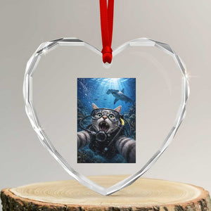 Funny Scuba Diving Cat Selfie With Hammerhead Shark Heart Crystal Glass Ornament