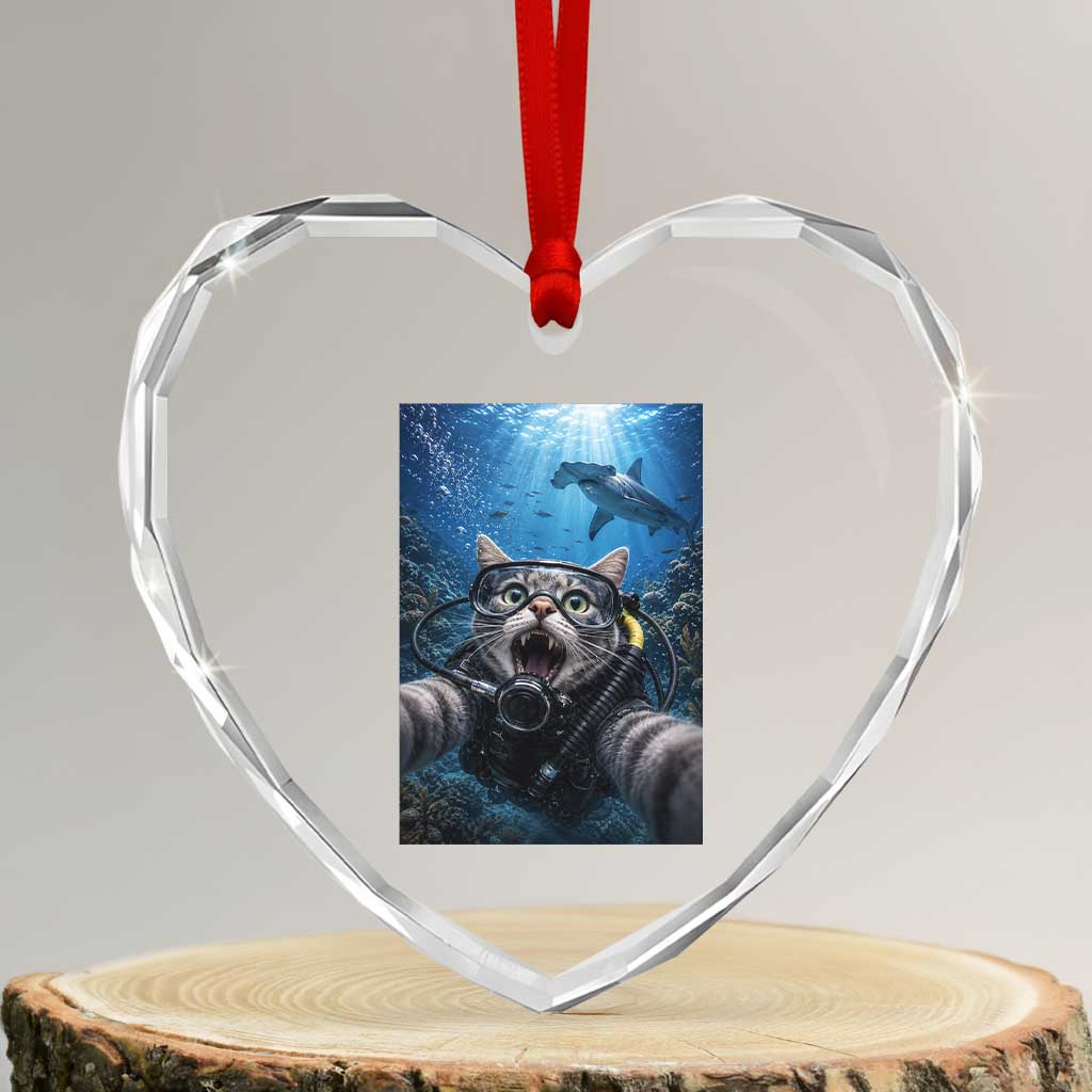 Funny Scuba Diving Cat Selfie With Hammerhead Shark Heart Crystal Glass Ornament TS12 Transparent Glass 3'' Heart Print Your Wear
