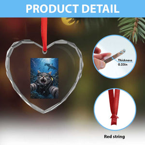 Funny Scuba Diving Cat Selfie With Hammerhead Shark Heart Crystal Glass Ornament