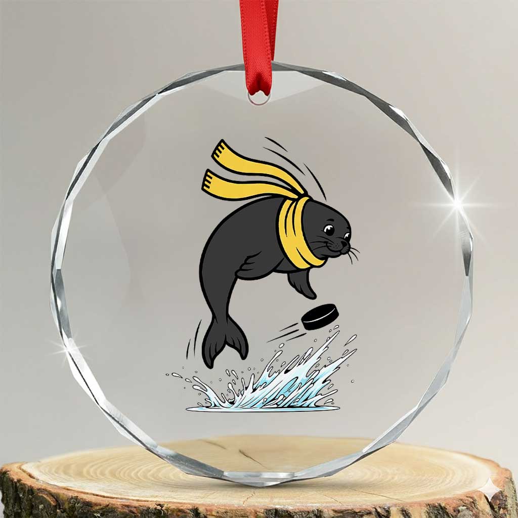 Funny Seal Playing Ice Hockey Crystal Glass Ornament Winter Sports Gift TS12 Transparent Glass 3'' Circle Print Your Wear