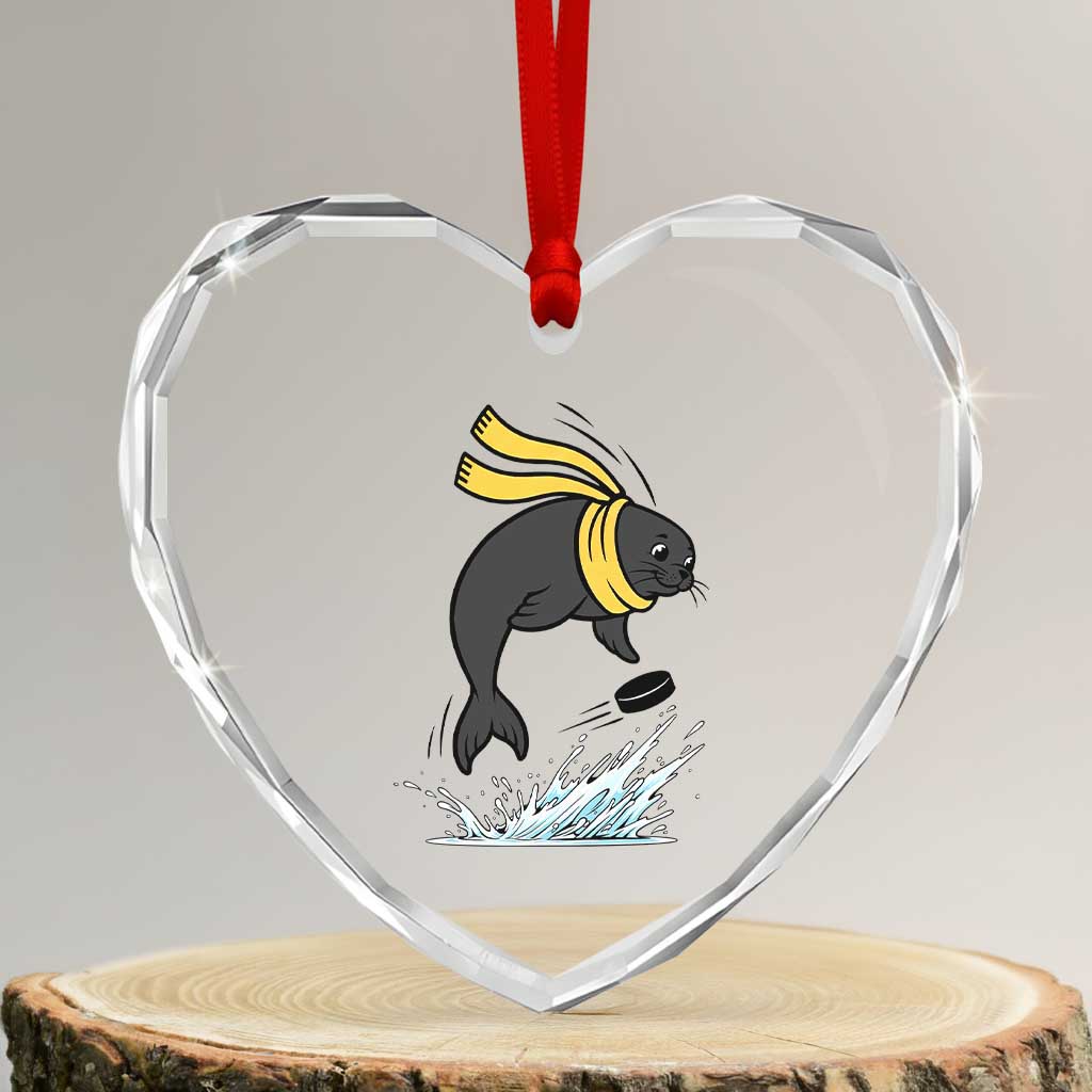 Funny Seal Playing Ice Hockey Heart Crystal Glass Ornament Winter Sports Gift TS12 Transparent Glass 3'' Heart Print Your Wear