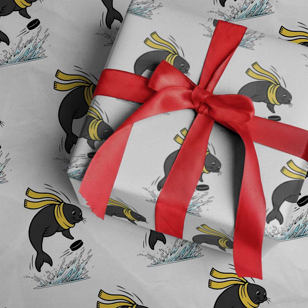 Funny Seal Playing Ice Hockey Wrapping Paper Roll Winter Sports Gift TS12 White Print Your Wear