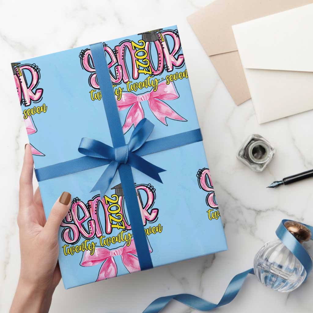 Funny Senior EST 2027 Graduation Wrapping Paper Roll Twenty Twenty Seven Pink Bow TS11 Light Blue Print Your Wear