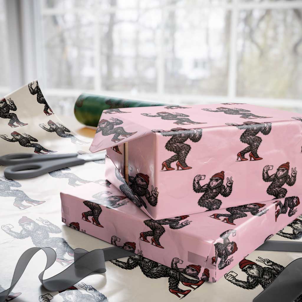 Funny Sexy Bigfoot Selfie Wrapping Paper Roll Sasquatch Lover Gift TS12 Light Pink Print Your Wear