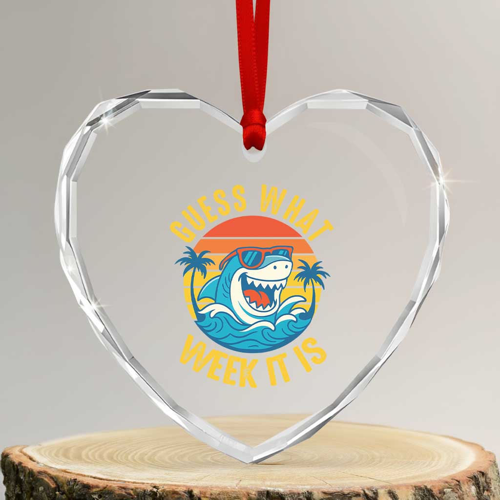 Funny Shark Lover Week Heart Crystal Glass Ornament Guess What Week It Is Ocean Wildlife Retro Sunset TS02 Transparent Glass 3'' Heart Print Your Wear