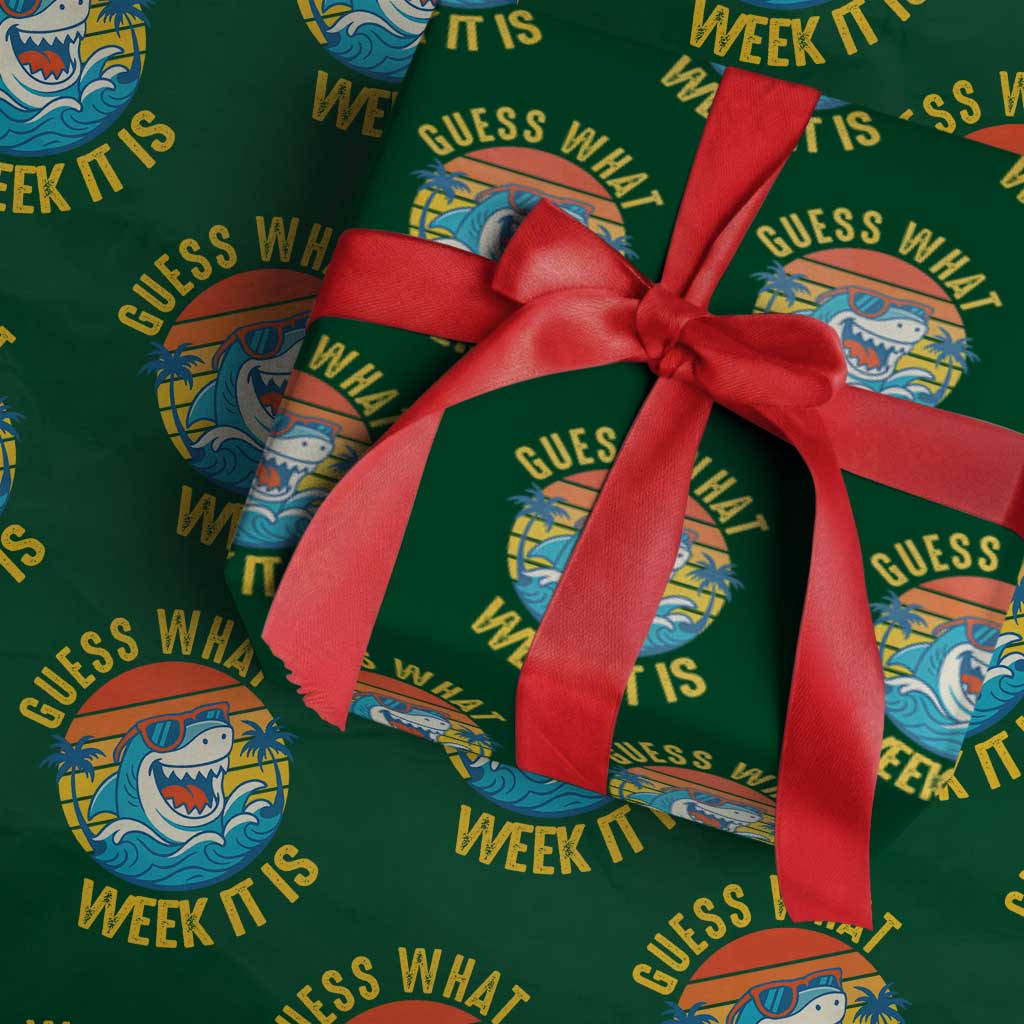Funny Shark Lover Week Wrapping Paper Roll Guess What Week It Is Ocean Wildlife Retro Sunset TS02 Green Print Your Wear