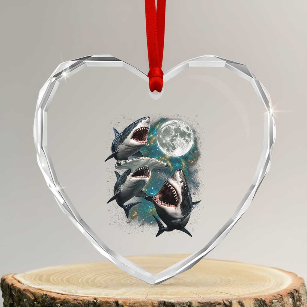 Funny Sharks Howling at Moon Heart Crystal Glass Ornament Funny Great White Sharks and Hammerhead Shark