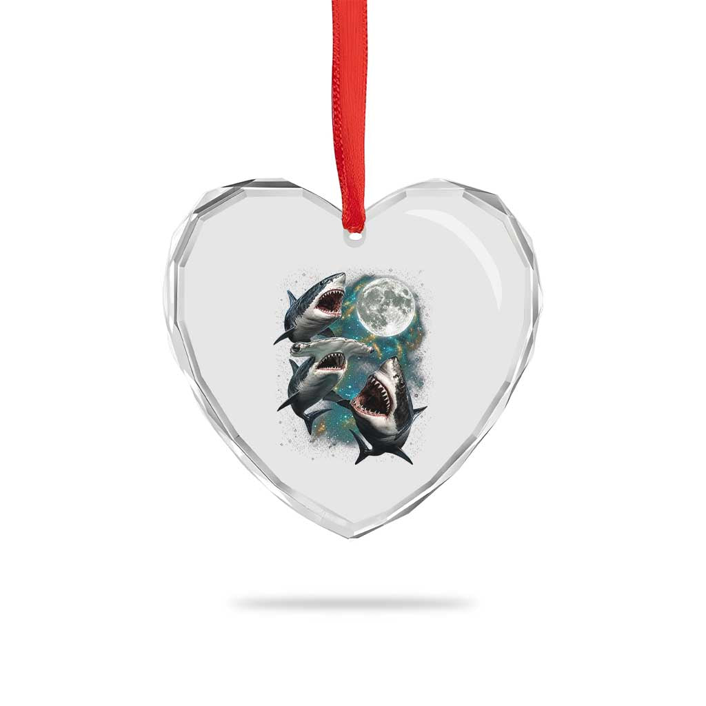 Funny Sharks Howling at Moon Heart Crystal Glass Ornament Funny Great White Sharks and Hammerhead Shark