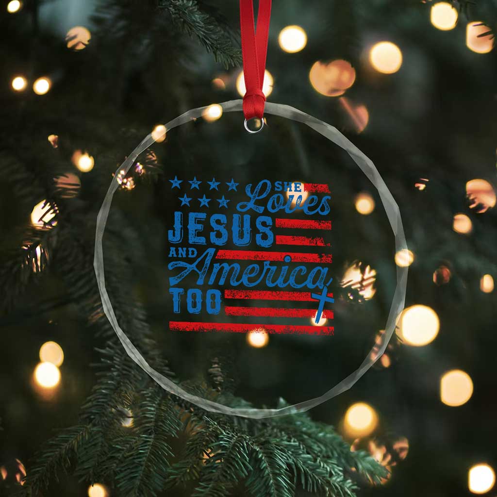 Funny She Loves Jesus And America Too Crystal Glass Ornament 4th Of July Christian American Flag TS11 Print Your Wear