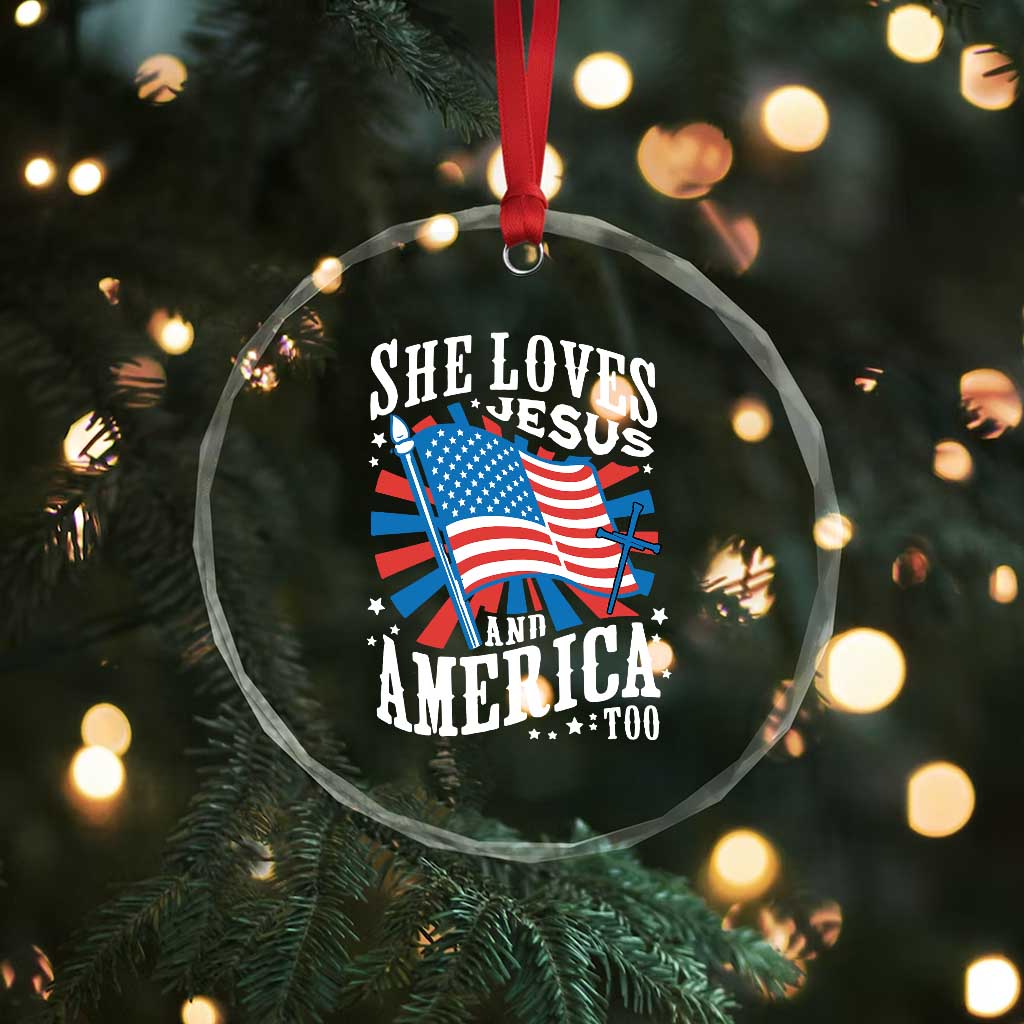 Funny She Loves Jesus And America Too Crystal Glass Ornament 4th Of July Patriotic Christian American Flag TS11 Print Your Wear