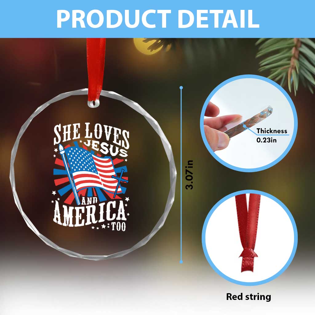 Funny She Loves Jesus And America Too Crystal Glass Ornament 4th Of July Patriotic Christian American Flag TS11 Print Your Wear