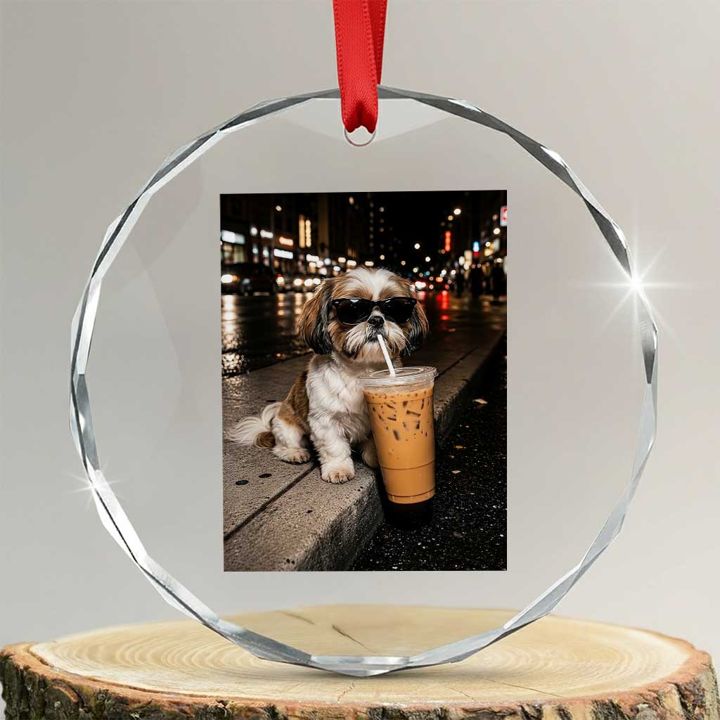 Funny Shih Tzu Drinking Iced Coffee Crystal Glass Ornament Vintage Dog Lover TS10 Transparent Glass 3'' Circle Print Your Wear
