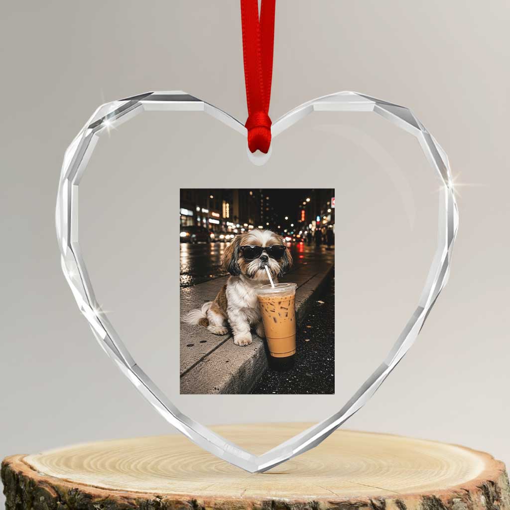 Funny Shih Tzu Drinking Iced Coffee Heart Crystal Glass Ornament Vintage Dog Lover TS10 Transparent Glass 3'' Heart Print Your Wear
