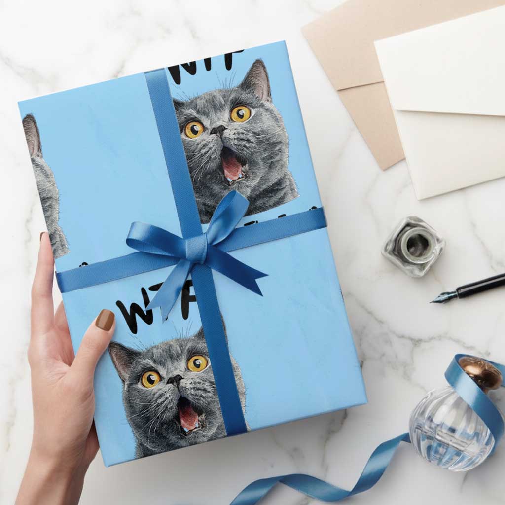 Funny Shocked British Shorthair Cat Wrapping Paper Roll Where Is The Food TS12 Light Blue Print Your Wear