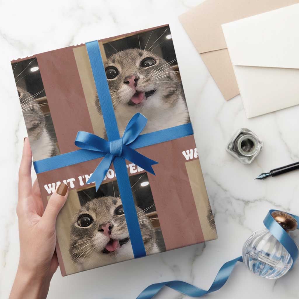 Funny Silly Cat Meme Wrapping Paper Roll Wait Im Goated TS12 Mocha Print Your Wear
