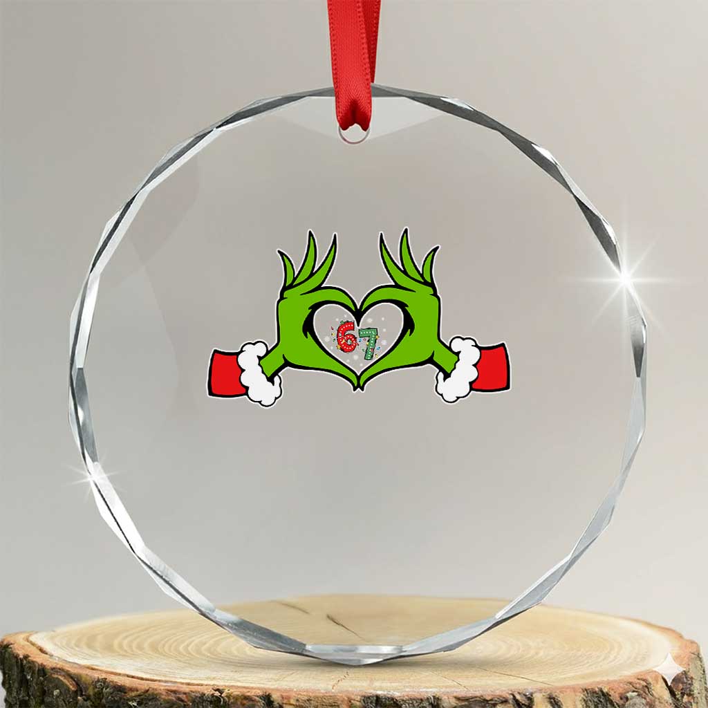 Funny Six Seven Christmas 67 Meme Gen Alpha Elf Heart Hands Crystal Glass Ornament TS11 Transparent Glass 3'' Circle Print Your Wear