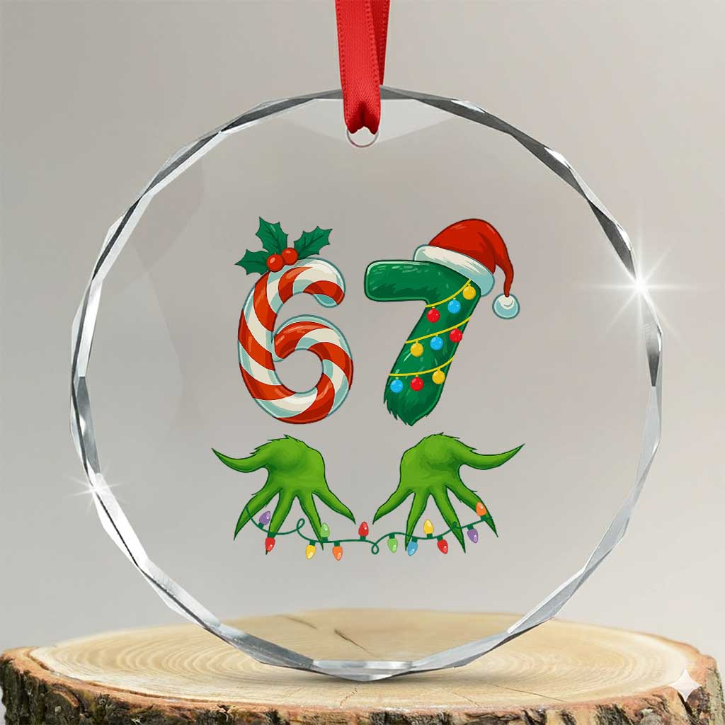 Funny Six Seven Christmas 67 Meme Gen Alpha Slang Elf Hands Crystal Glass Ornament TS11 Transparent Glass 3'' Circle Print Your Wear