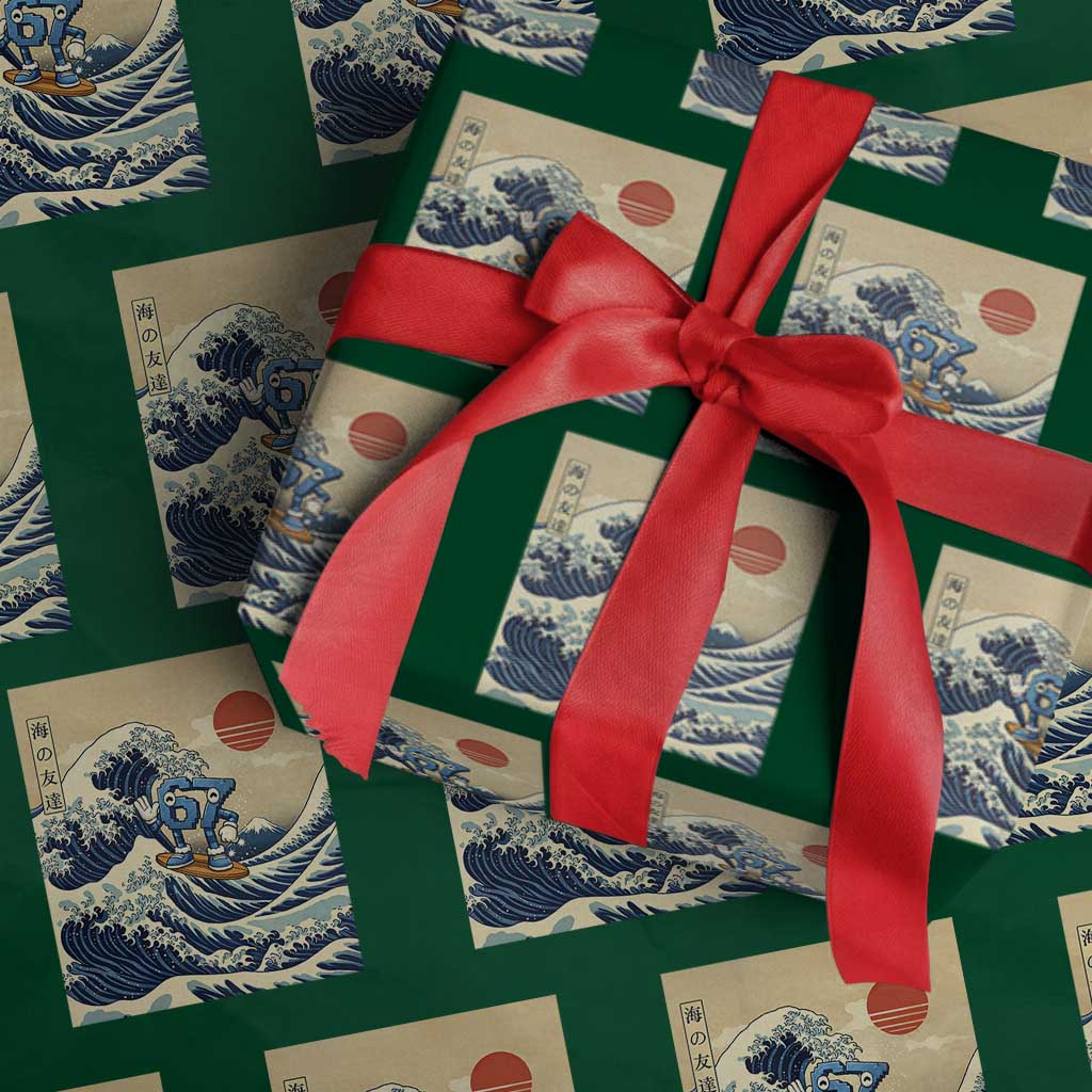 Funny Six Seven Surfing Wrapping Paper Roll The Great Wave Kanagawa Japanese 67 Brainrot Meme TS14 Green Print Your Wear