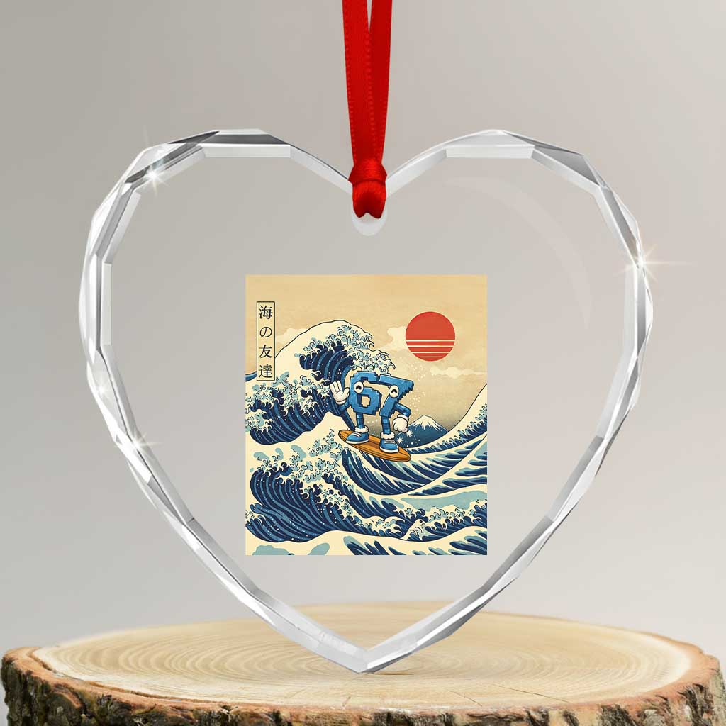 Funny Six Seven Surfing Heart Crystal Glass Ornament The Great Wave Kanagawa Japanese 67 Brainrot Meme TS14 Transparent Glass 3'' Heart Print Your Wear