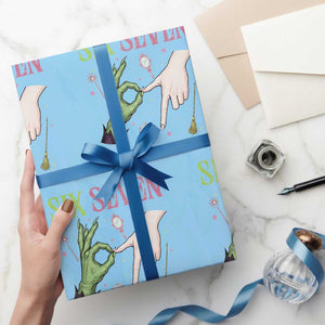 Funny Six Seven Witch Pink And Green Broomstick Magic Wand Wrapping Paper Roll TS11 Light Blue Print Your Wear