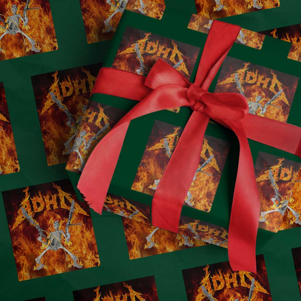 Funny Skeleton ADHD Wrapping Paper Roll Meme Flames Neurodivergent Gen Z TS10 Green Print Your Wear