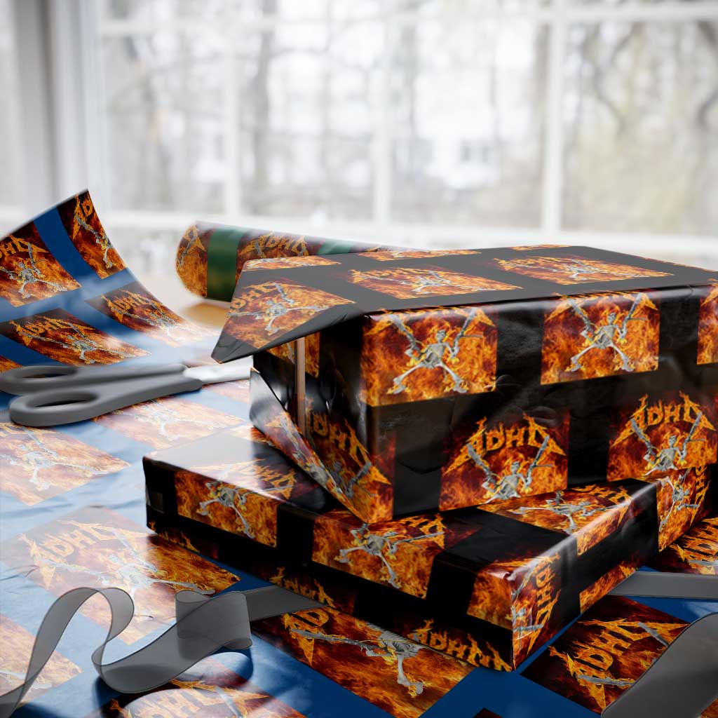 Funny Skeleton ADHD Wrapping Paper Roll Meme Flames Neurodivergent Gen Z TS10 Black Print Your Wear