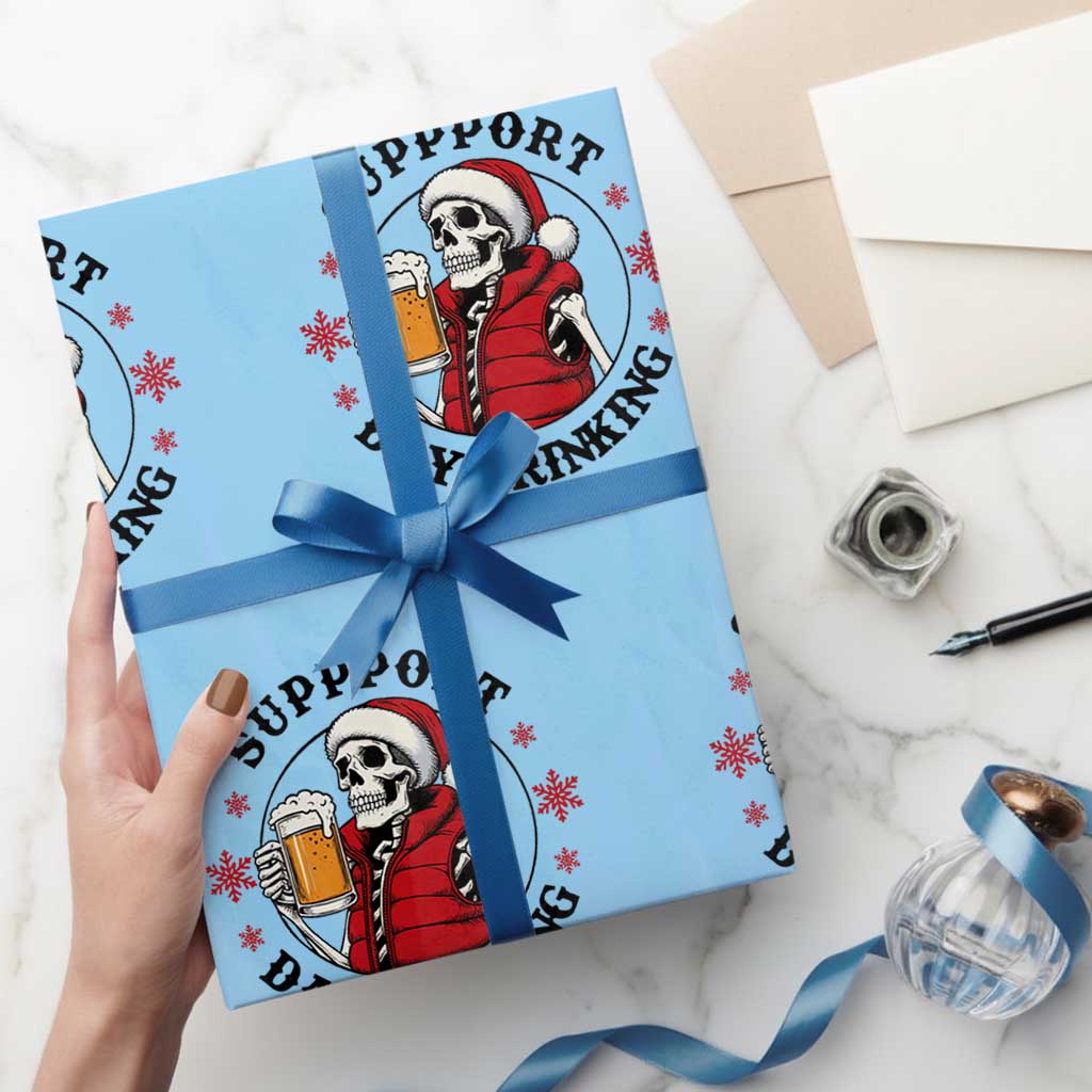 Funny Skeleton Beer Christmas Wrapping Paper Roll Support Day Drinking TS14 Light Blue Print Your Wear