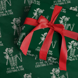 Funny Skeleton Wrapping Paper Roll It's Fine I'm Fine Everything's Fine Never Better Drinking Coffee TS02 Green Print Your Wear