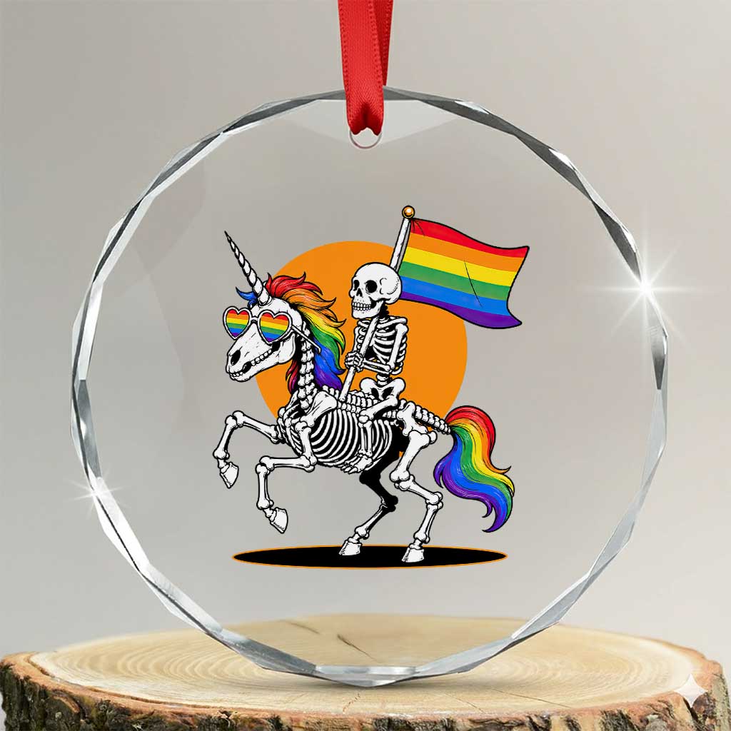 Funny Skeleton Riding Unicorn LGBTQ Pride Crystal Glass Ornament Rainbow Fantasy Graphic