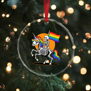 Funny Skeleton Riding Unicorn LGBTQ Pride Crystal Glass Ornament Rainbow Fantasy Graphic