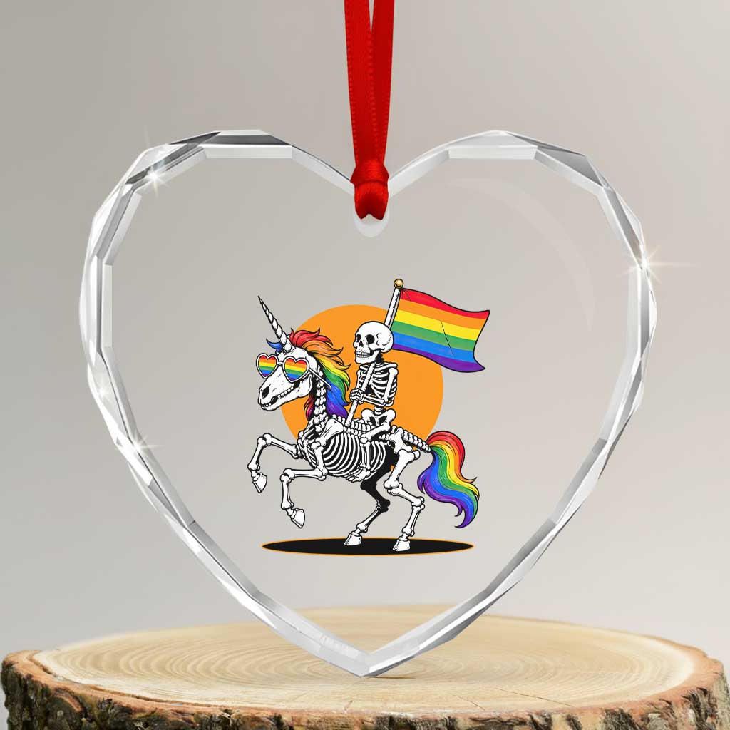 Funny Skeleton Riding Unicorn LGBTQ Pride Heart Crystal Glass Ornament Rainbow Fantasy Graphic TS12 Transparent Glass 3'' Heart Print Your Wear