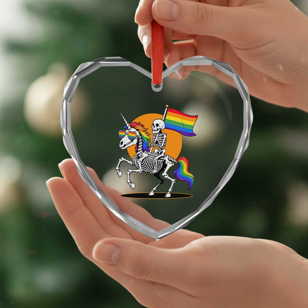 Funny Skeleton Riding Unicorn LGBTQ Pride Heart Crystal Glass Ornament Rainbow Fantasy Graphic TS12 Print Your Wear