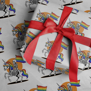 Funny Skeleton Riding Unicorn LGBTQ Pride Wrapping Paper Roll Rainbow Fantasy Graphic