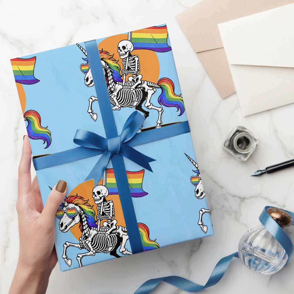 Funny Skeleton Riding Unicorn LGBTQ Pride Wrapping Paper Roll Rainbow Fantasy Graphic