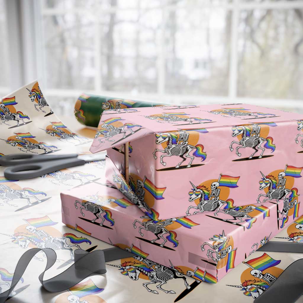 Funny Skeleton Riding Unicorn LGBTQ Pride Wrapping Paper Roll Rainbow Fantasy Graphic