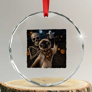 Funny Skeleton Selfie Siamese Cat Crystal Glass Ornament Halloween Spooky Cat Lover Gift